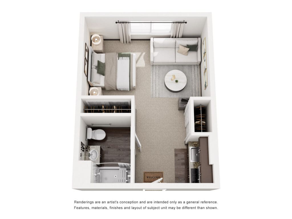 Elegant studio layout featuring a cozy living area, inviting kitchen, and a well-appointed bedroom for vibrant senior living.