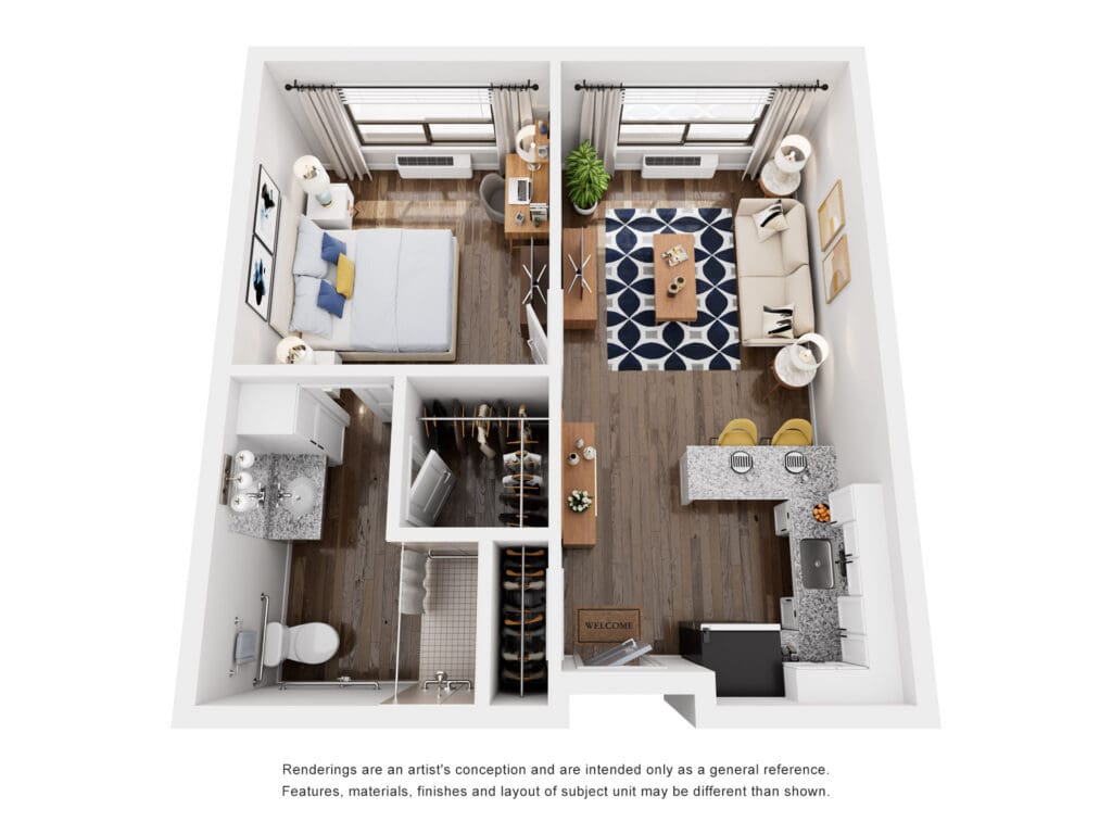 Modern studio apartment layout featuring a cozy bedroom, inviting living area, and stylish kitchen with upscale finishes.