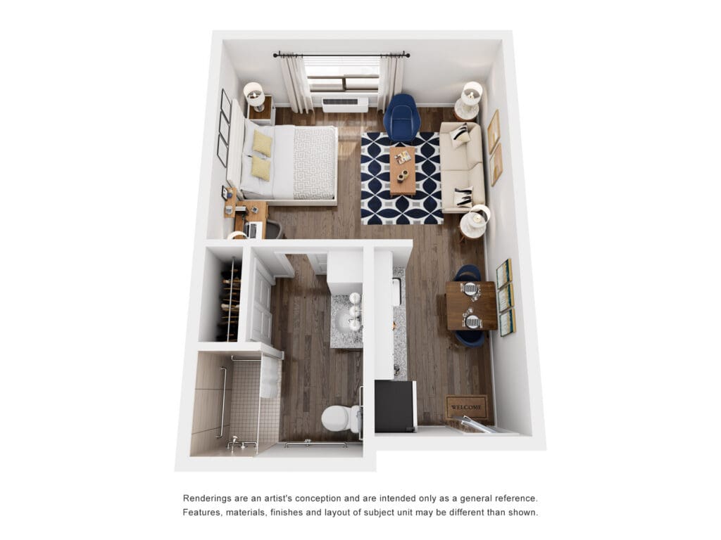 Spacious floor plan featuring a cozy bedroom, living area, and modern kitchenette, designed for vibrant senior living.