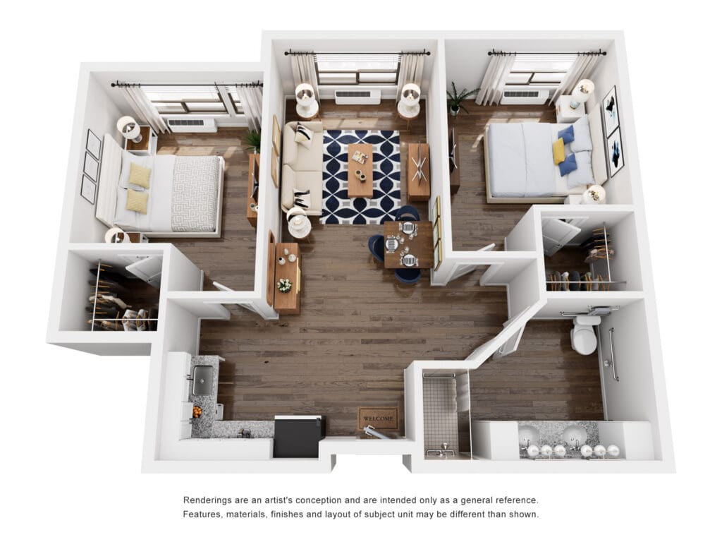 Elegant two-bedroom apartment layout showcasing modern design, cozy living spaces, and upscale amenities for a vibrant lifestyle.