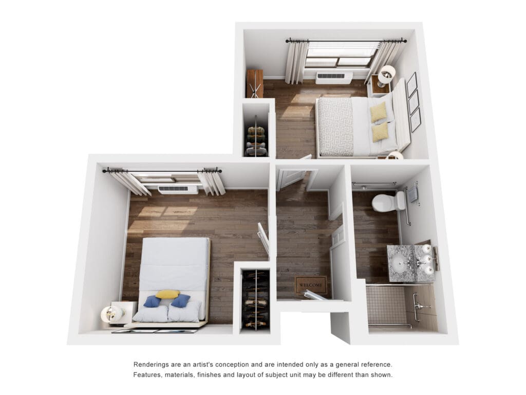 Spacious, modern apartment layout showcasing a vibrant living area, stylish bedroom, and accessible bathroom.
