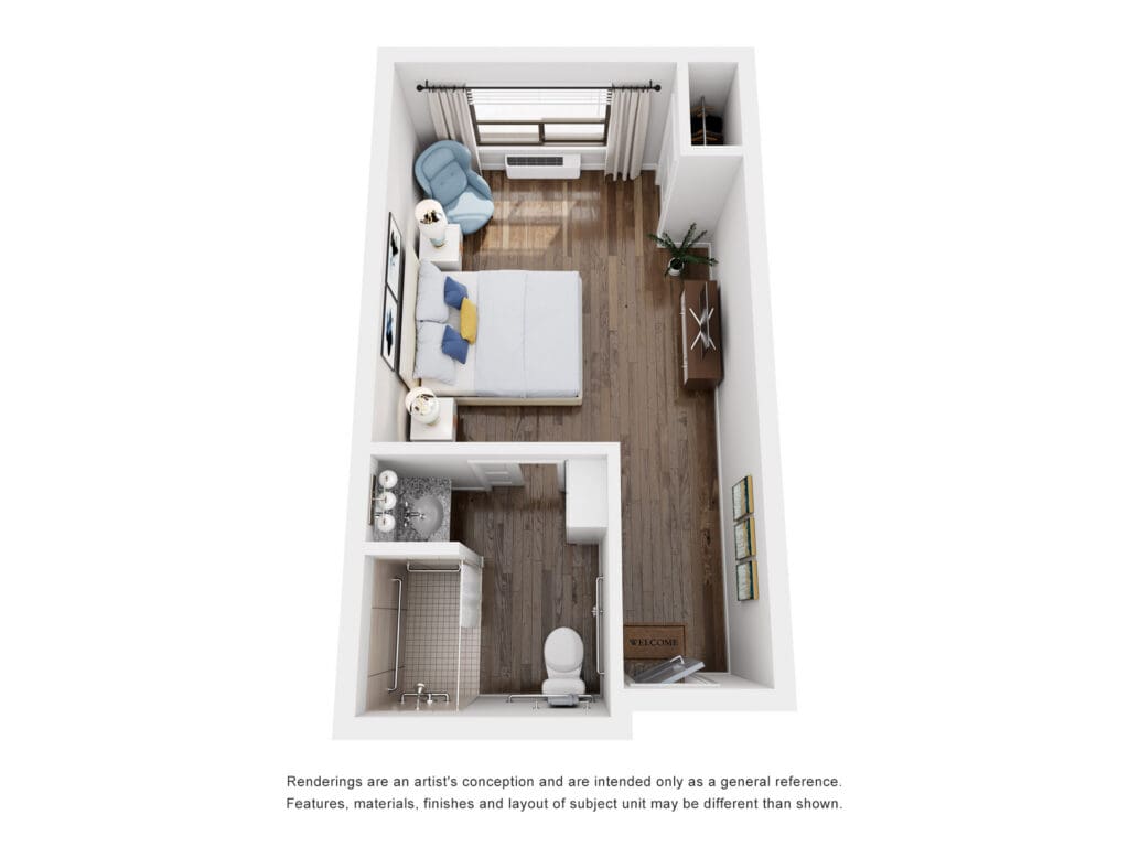 Cozy studio apartment layout featuring a bedroom, living area, and accessible bathroom, designed for comfortable senior living.