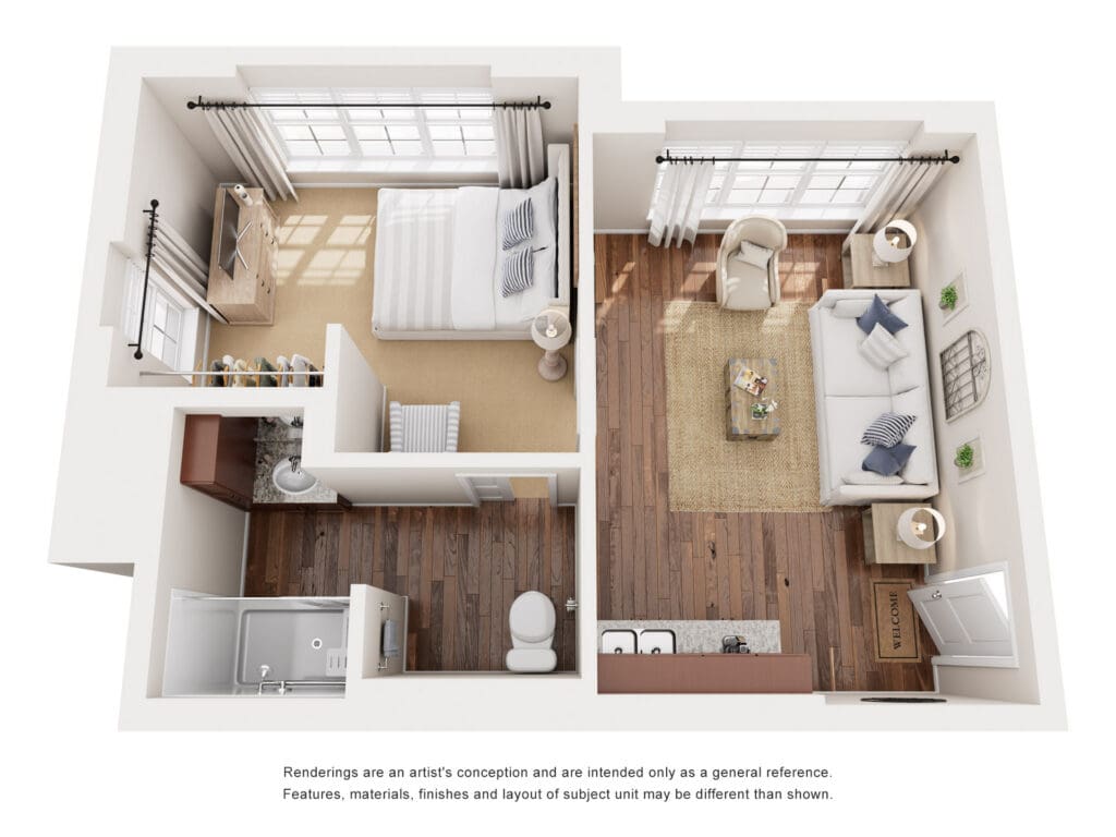 Spacious, well-lit senior living unit features a cozy bedroom, inviting living area, and elegant amenities for a vibrant lifestyle.