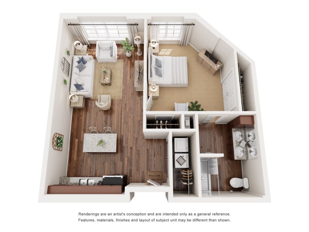Elegant senior living unit layout featuring a bright living area, cozy bedroom, and upscale kitchen for a vibrant lifestyle.