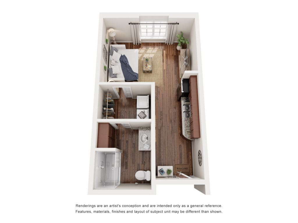 Charming, open-layout apartment featuring a cozy bedroom, modern kitchen, and inviting living area, designed for vibrant senior living.