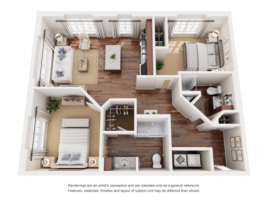 Stylish, spacious senior apartment layout featuring a cozy living area, modern kitchen, and serene bedrooms.