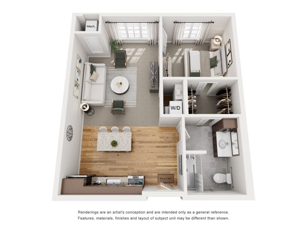 3D render of a one-bedroom apartment floor plan showing living room, dining area, kitchen, bathroom, bedroom, closets, and washer/dryer (W/D).