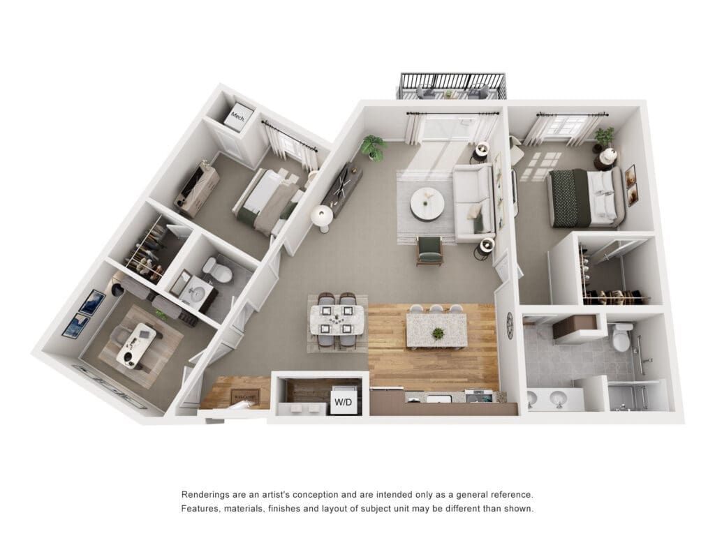 Open-concept two-bedroom apartment floor plan: living area, dining/kitchen, two bedrooms, two baths, balcony.