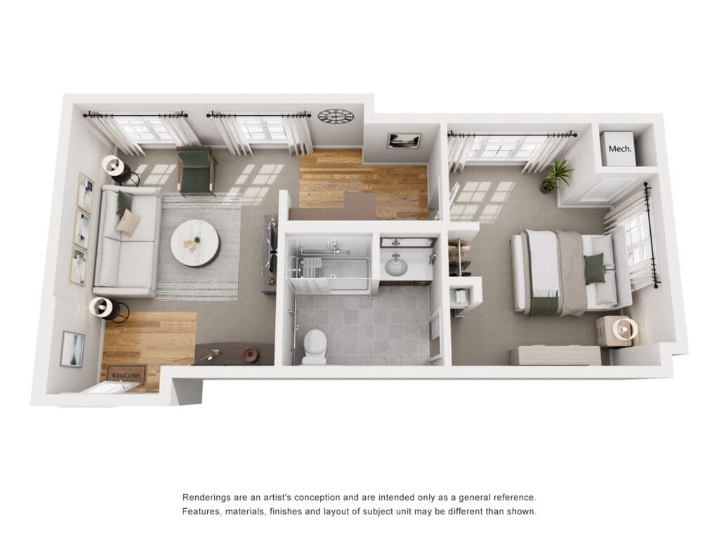 3D floor plan of a one-bedroom apartment: living room with sofa and coffee table, adjacent kitchen, and a bedroom with a bed and nightstand; bathroom nearby; entry area at front.