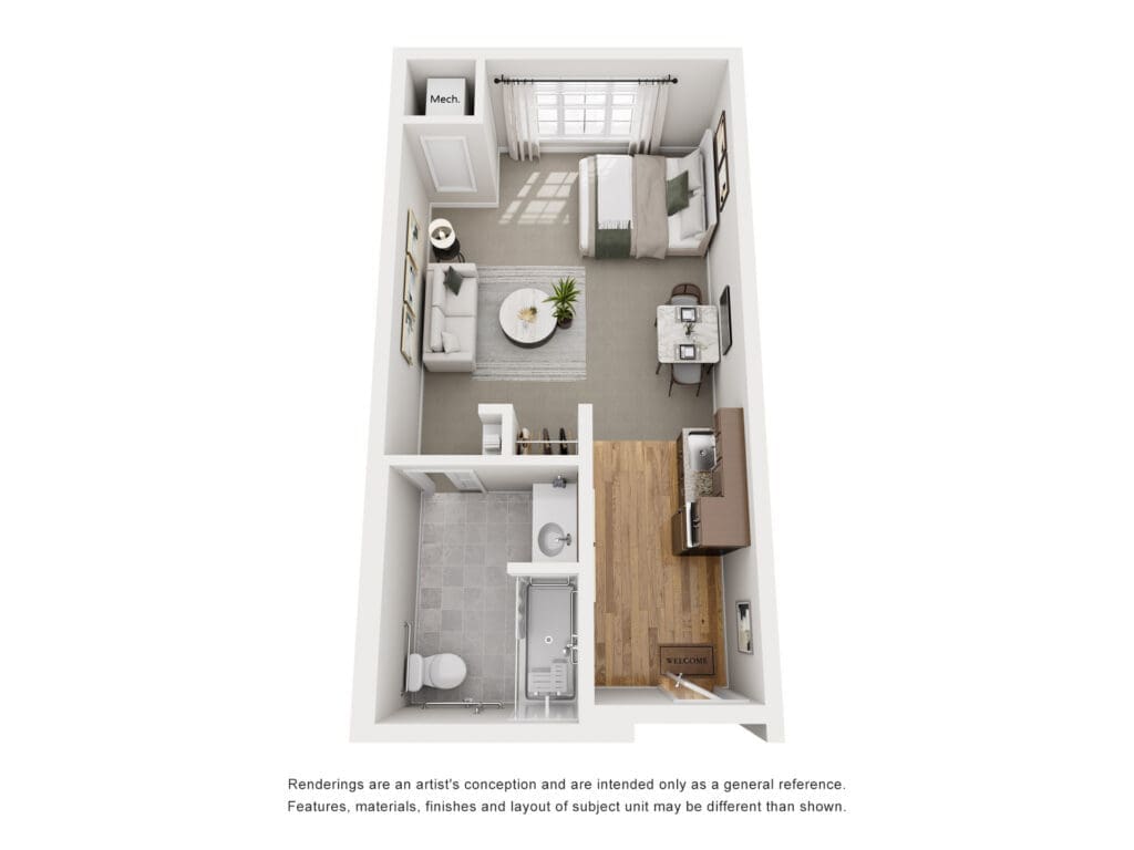 Isometric floor plan of a small apartment showing entry, kitchen along the right wall, living area with sofa and coffee table, a dining table, and a bedroom at the far end with a bathroom adjacent.