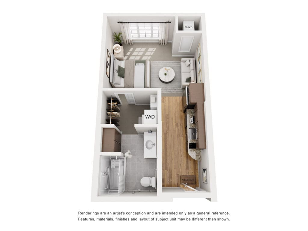 Top-down floor plan of a one-bedroom apartment: kitchen with island, open living area, bedroom, bathroom, and washer/dryer closet. Smart layout for reference only.