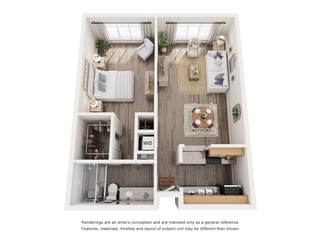 Elegant two-bedroom apartment layout featuring a cozy living area, tasteful furnishings, and modern kitchen amenities.