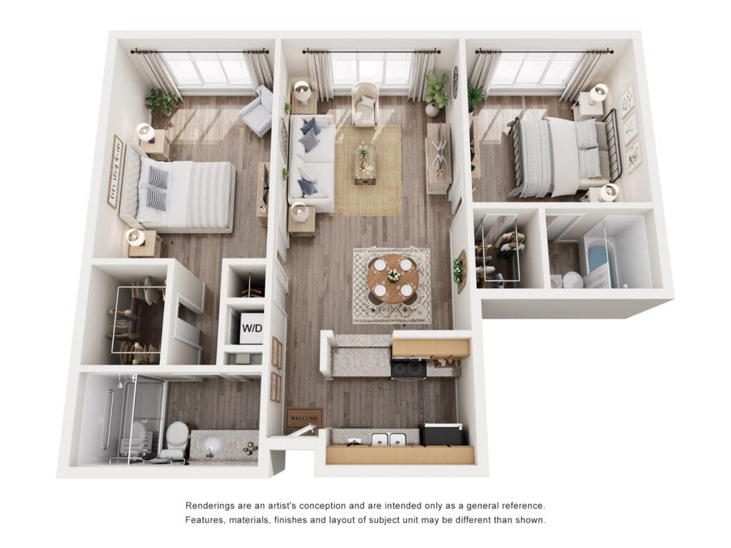 Spacious, modern two-bedroom layout showcasing upscale living areas, elegant decor, and serene natural light.