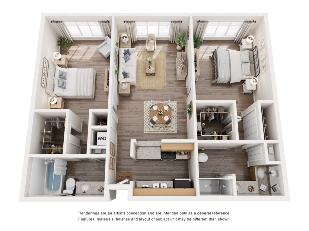 Stylish two-bedroom apartment layout featuring modern decor, cozy living spaces, and upscale amenities for vibrant living.