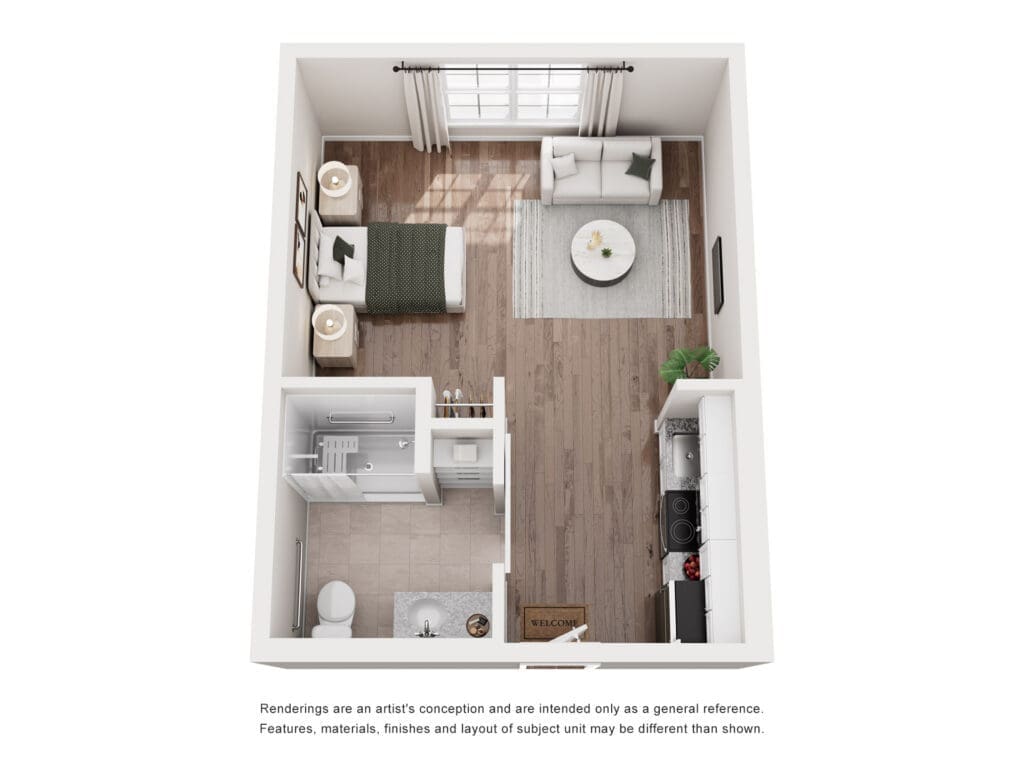 Top-down 3D floor plan of a small apartment showing bedroom, living area with sofa and rug, round coffee table, kitchen along one wall, and bathroom near the entrance