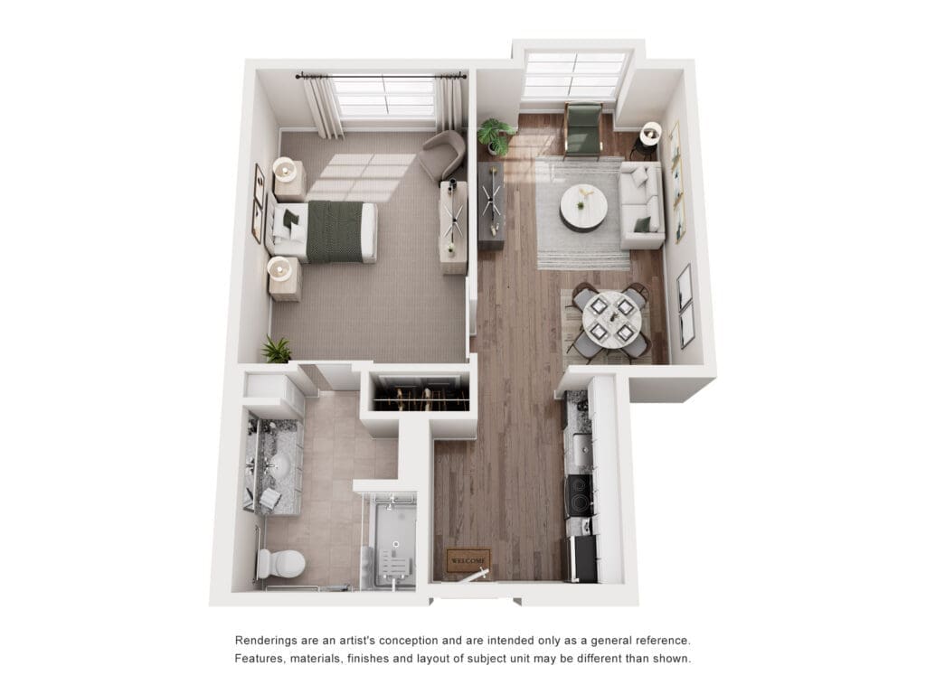 Top-down 3D floor plan of a one-bedroom apartment, showing a bedroom, open living/dining area, and kitchen.