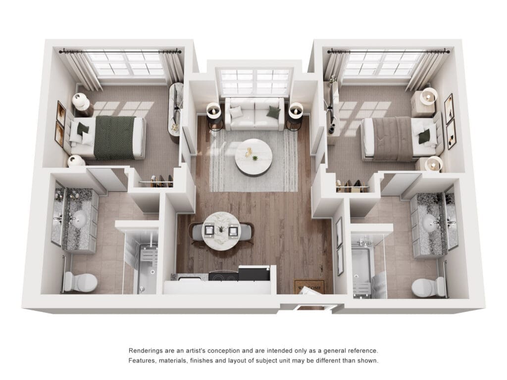 Top-down 3D floor plan of a two-bedroom apartment showing living room, dining area, kitchen, and two bathrooms.