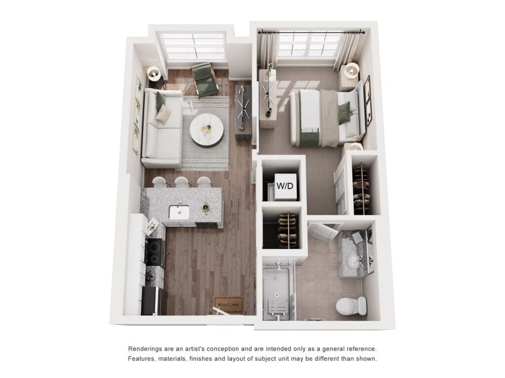 Top-down 3D floor plan of a two-bedroom apartment showing living room, kitchen, laundry, and two bedrooms with closets and bathrooms.