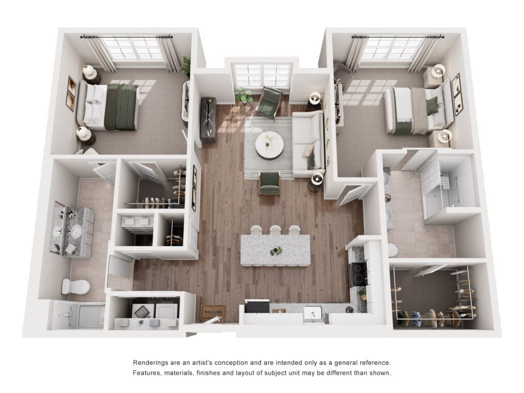 Top-down 3D rendering of a two-bedroom apartment: central living area with sofa and round coffee table, adjacent kitchen island with bar seating, two bedrooms with beds and nightstands, and multiple bathrooms and closets.