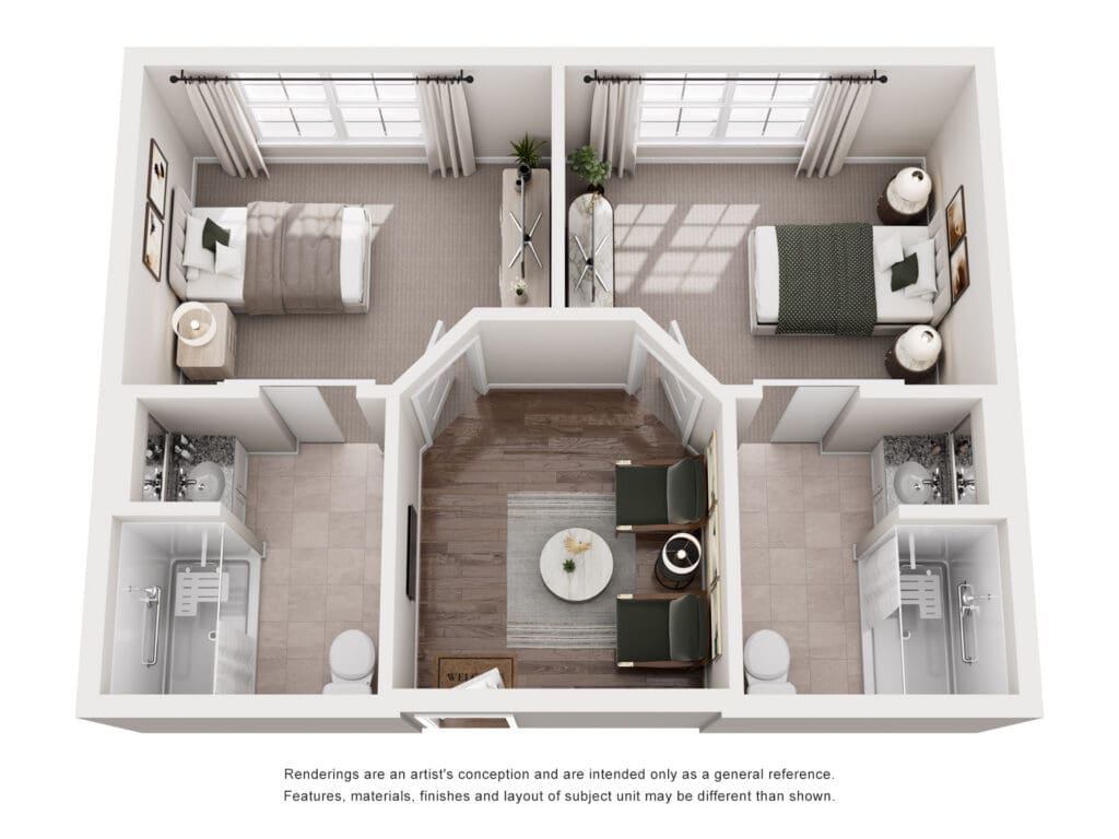 Top-down view of a two-bedroom apartment: mirrored bedrooms on left and right, central living area, and bathrooms at opposite ends.