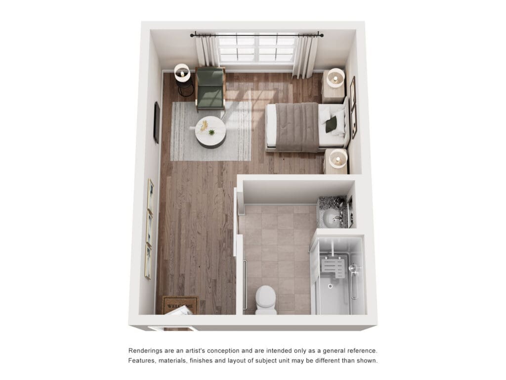 Top-down 3D floor plan of a small one-bedroom apartment: bedroom with bed and two nightstands, seating area, and a windowed living space.