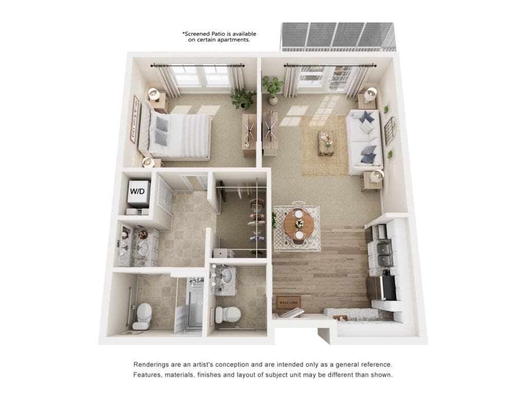 Spacious, modern apartment layout featuring a cozy living area, well-equipped kitchen, and stylish bedroom.