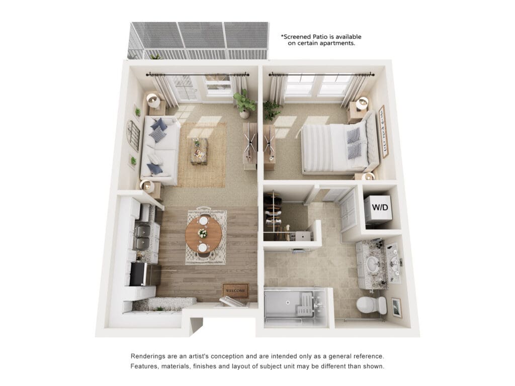 Spacious, modern apartment layout featuring a cozy living area, well-appointed kitchen, bedroom, and elegant bathroom.