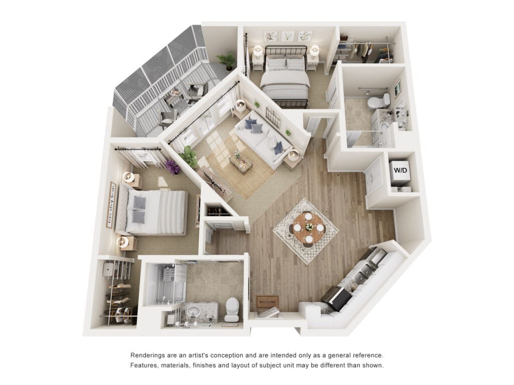 Spacious, elegantly designed senior living unit featuring two bedrooms, modern kitchen, bright living area, and private balcony.