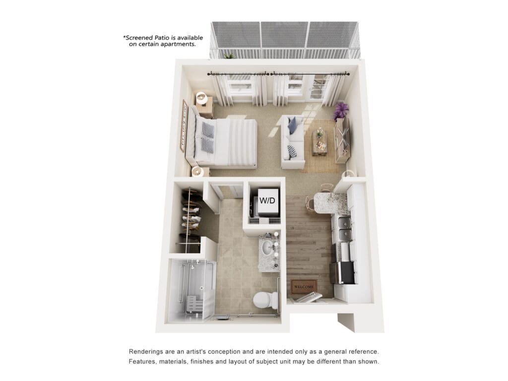 Top-down 3D floor plan of a one-bedroom apartment with living area, kitchen, bathroom, closet, and balcony access.