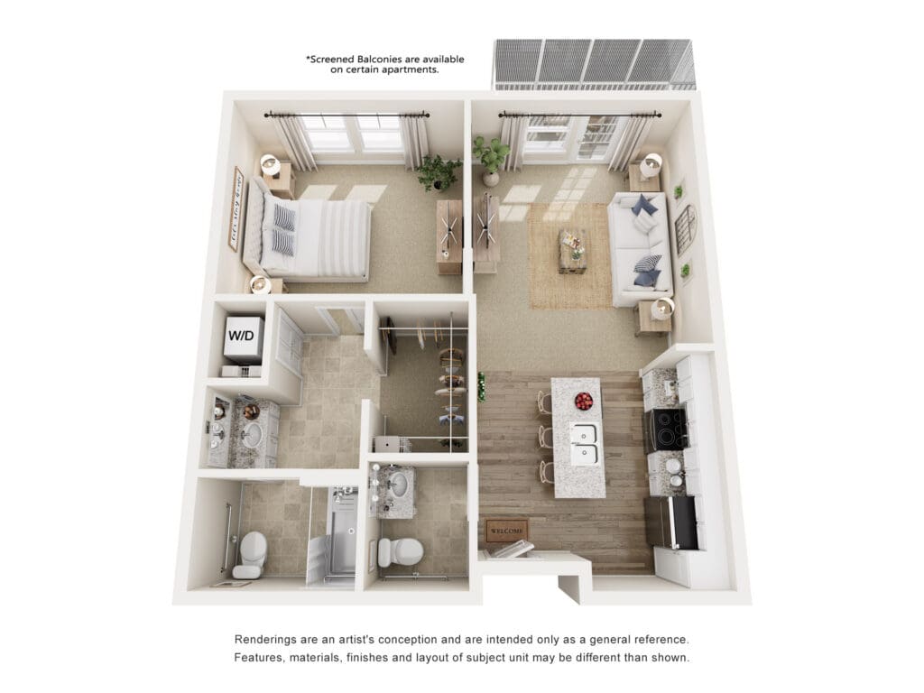 Elegant apartment layout featuring spacious living area, cozy bedroom, modern kitchen, and upscale finishes for vibrant living.