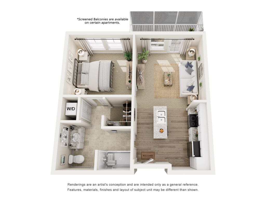 Stylish one-bedroom apartment layout featuring upscale amenities, a cozy living area, modern kitchen, and elegant bathroom.