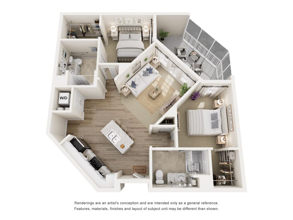 Spacious, modern floor plan featuring stylish living area, well-appointed kitchen, two bedrooms, and bright sunroom.