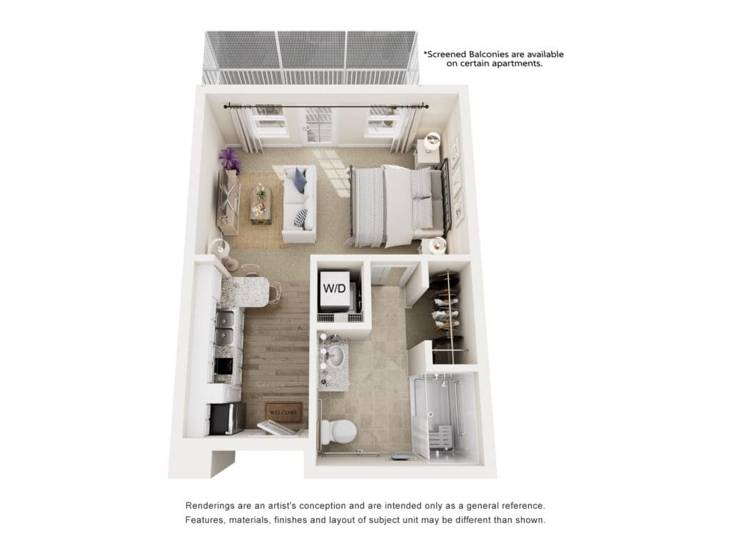 Stylish one-bedroom apartment layout featuring modern amenities, a cozy living space, and an inviting atmosphere.