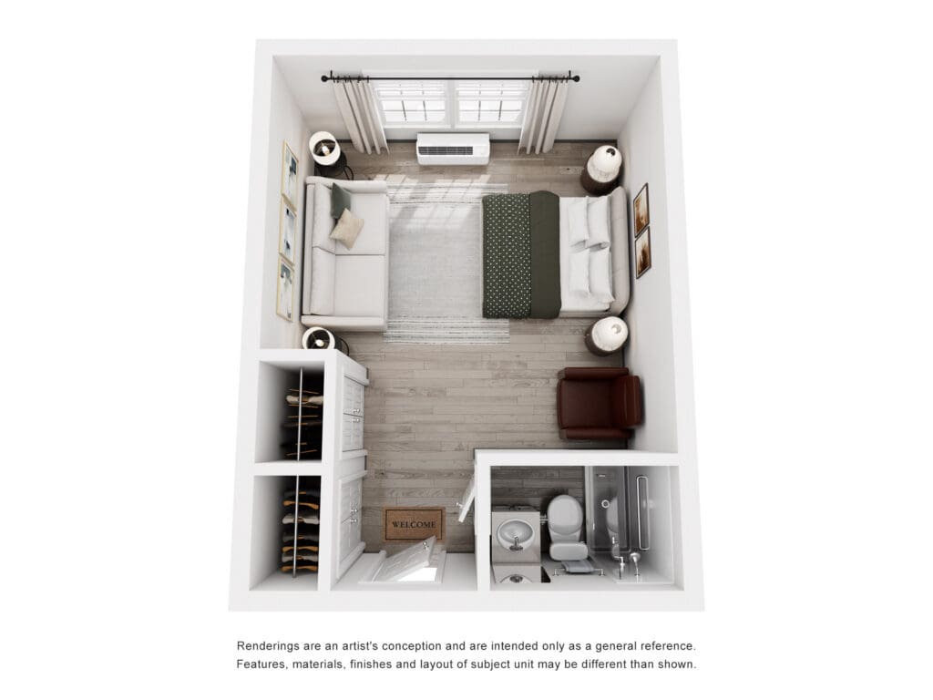 Cozy studio layout featuring elegant furnishings, a welcoming atmosphere, and accessible amenities for a vibrant lifestyle.