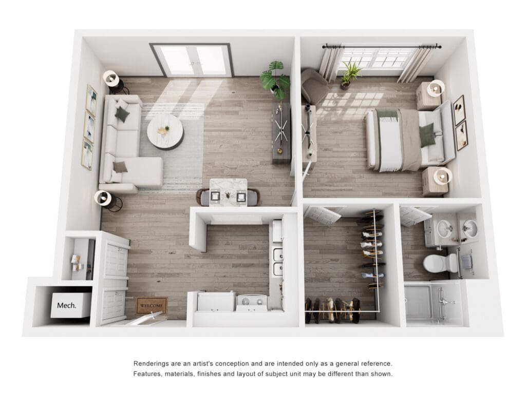 Stylish one-bedroom layout featuring a cozy living area, modern kitchen, and inviting bedroom with natural light.