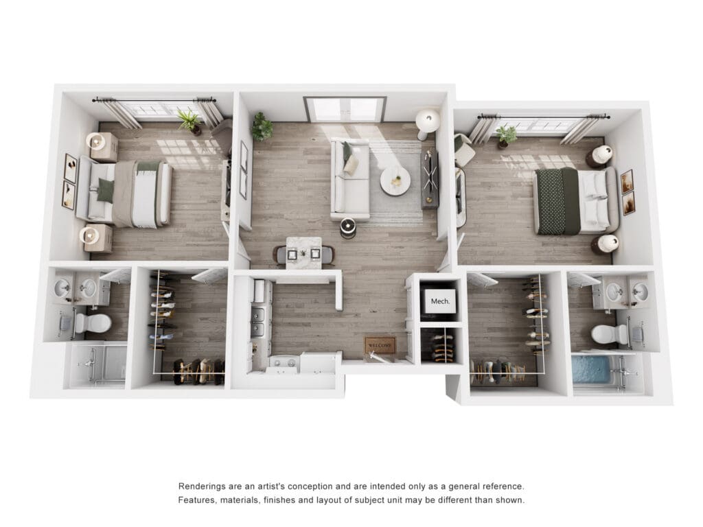 Spacious, elegantly designed two-bedroom apartment layout featuring modern amenities and inviting living spaces.