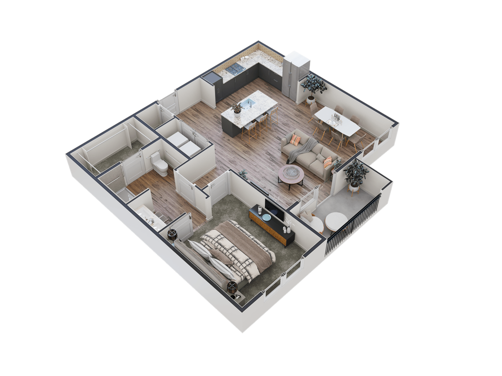Isometric view of a modern apartment with open-plan kitchen, island, dining area, living room, bedroom, and balcony.