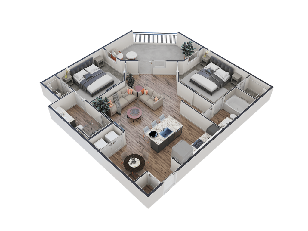 Spacious, elegant senior living apartment layout featuring two bedrooms, open living area, and modern kitchen amenities.