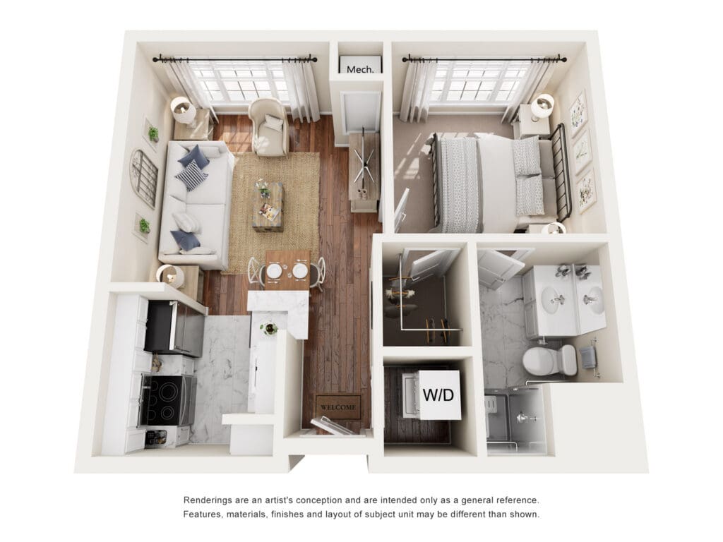 Stylish one-bedroom floor plan featuring a cozy living area, modern kitchen, and inviting bedroom with elegant decor.