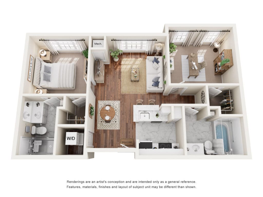 Elegant two-bedroom apartment layout featuring a spacious living area, stylish kitchen, and luxurious bathroom amenities.