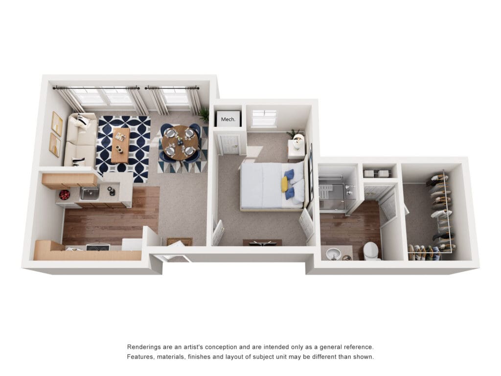 Bright, inviting senior apartment layout featuring a cozy living area, stylish kitchen, comfortable bedroom, and ample storage.