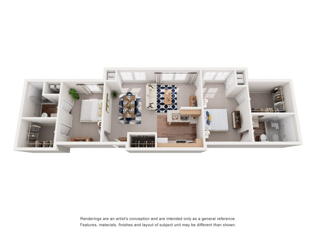 Upscale floor plan featuring a bright living area, elegant dining space, and cozy bedroom with modern amenities and stylish decor.
