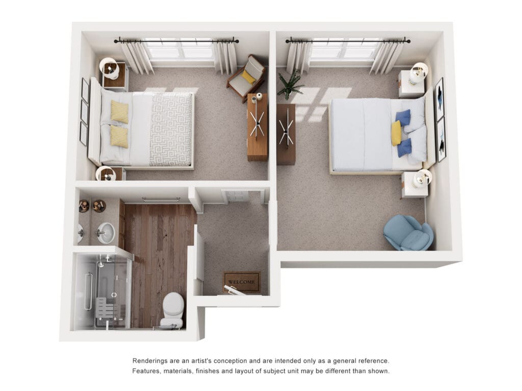 Spacious senior living apartment layout featuring a cozy bedroom, modern amenities, and welcoming bathroom space.