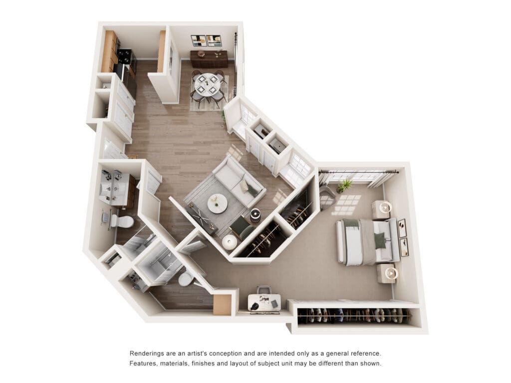 Spacious, well-designed floor plan featuring a bedroom, living area, kitchen, and dining space, showcasing upscale amenities.