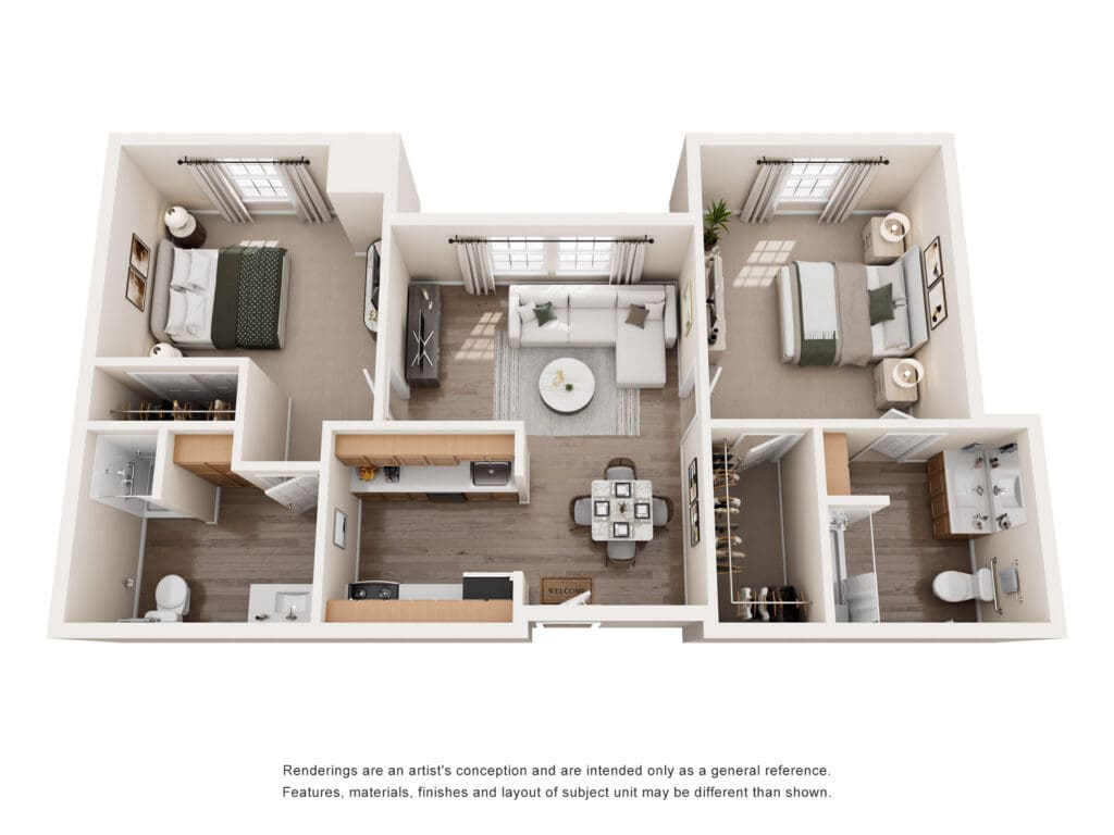Stylish, open floor plan showcasing a modern living space with two bedrooms, tasteful furnishings, and upscale amenities.