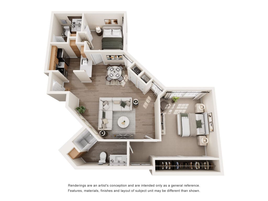 Spacious senior living apartment layout featuring a bright living room, modern kitchen, and comfortable bedroom.