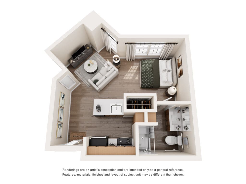 Stylish studio layout featuring a cozy living area, modern kitchen, and elegant bedroom with abundant natural light.