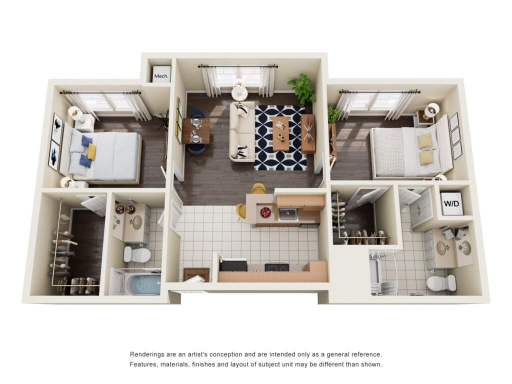 Spacious, modern apartment layout featuring two bedrooms, open living area, and upscale kitchen with stylish finishes.