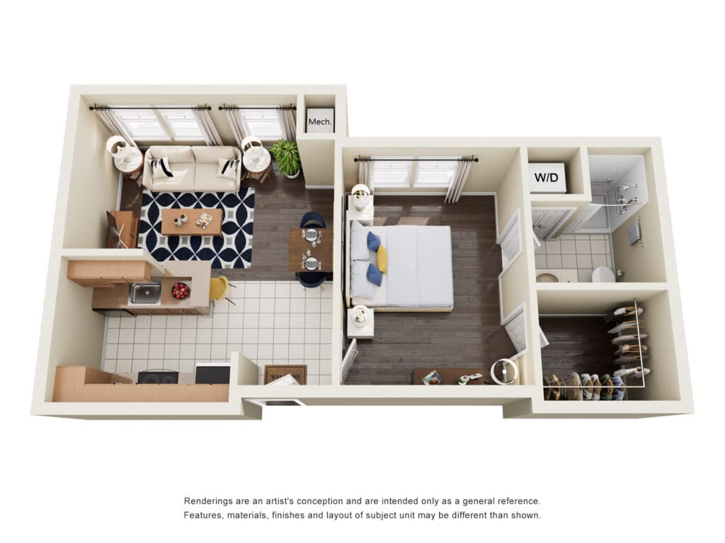 Spacious floor plan featuring a modern kitchen, inviting living area, serene bedroom, and stylish bathroom for a vibrant lifestyle.