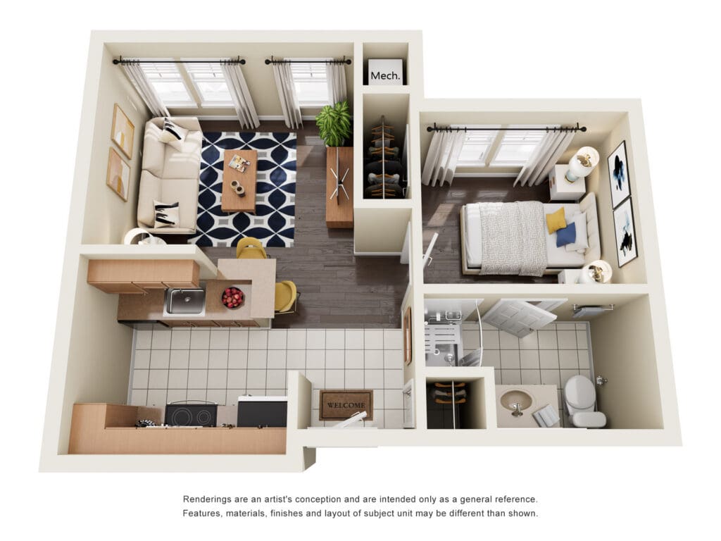 Bright, modern senior apartment featuring a cozy living area, inviting kitchen, and serene bedroom with upscale decor.